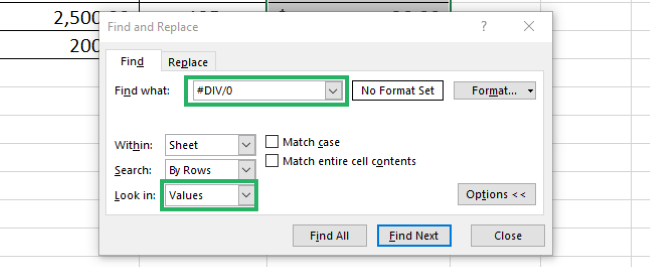 The find and replace dialog box