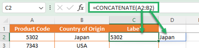 Range arguments for Excel CONCATENATE function will spill results into two cells or more.