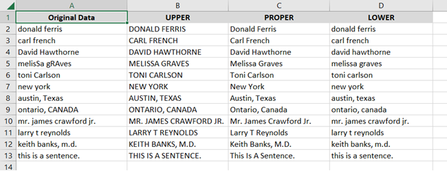desired result using upper lower proper excel functions