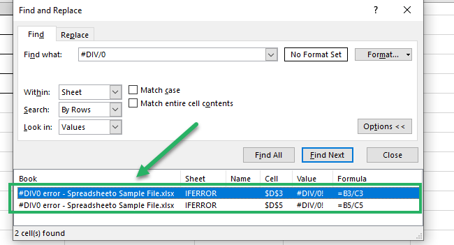 Excel identifies all the zero errors