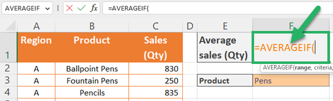 Selecting the Excel function