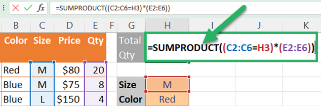 SUMPRODUCT Excel Function - Multiple criteria