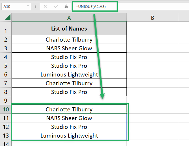 UNIQUE function returns unique values