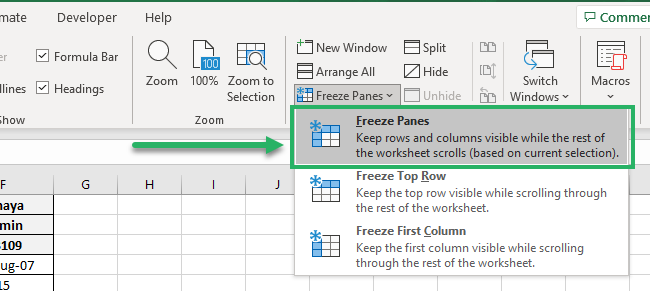 Choosing the option to freeze panes