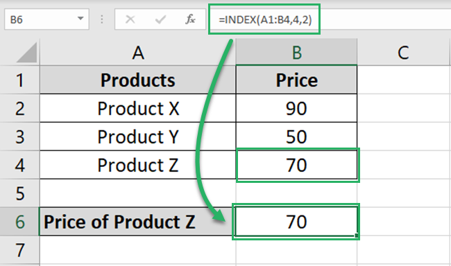 Excel finds the price of Product Z from index range
