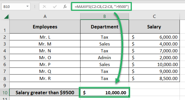 Excel MAXIFS function finds the salary greater than $9500