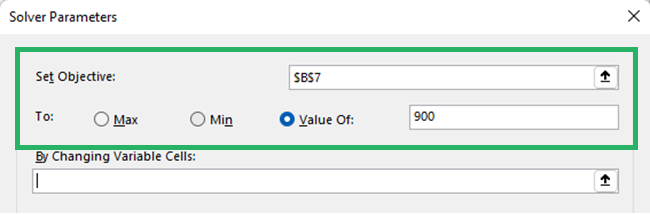 Excel Solver - Setting objective cell reference to value of $900