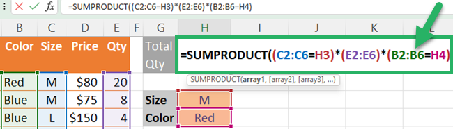 Entering multiple criteria for the SUMPRODUCT function