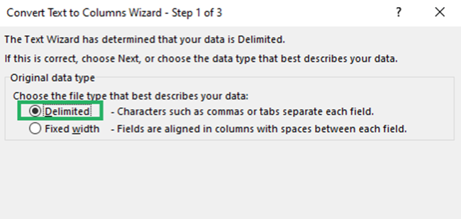 Delimited text data type in first column 