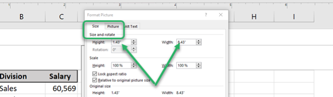 Resize the image using the height and width option under size section
