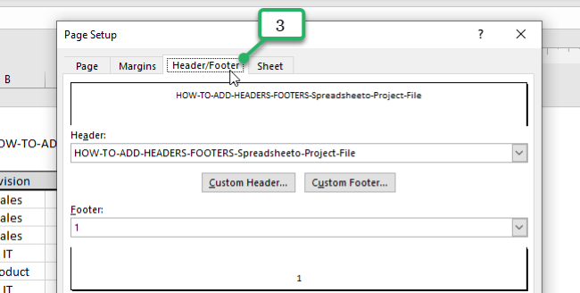 custom header and footer in the page setup dialog box