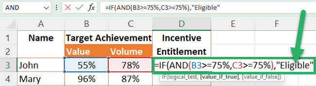 Providing the value to be returned if the logical test result is True - Excel AND function