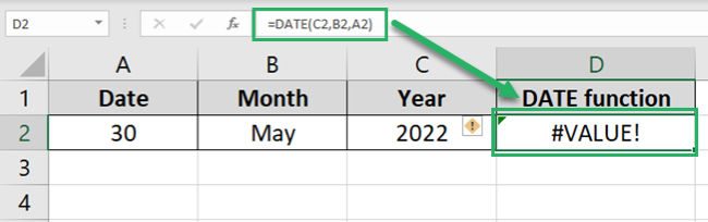 The DATE function returns the #VALUE error