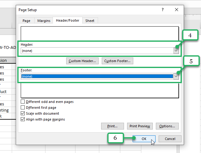 custom header and footer in the page setup dialog box