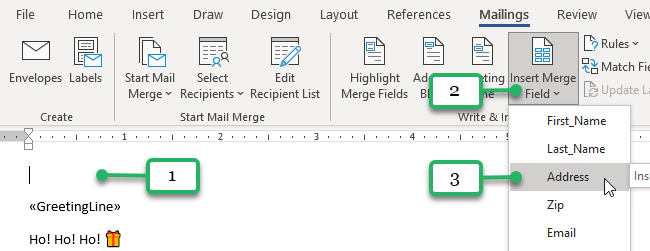 insert merge field drop down menu