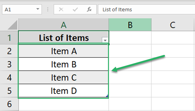 table of items in Excel