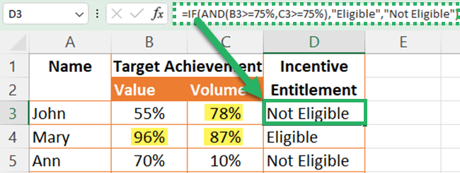 Combining IF and AND functions in Excel to get the desired result.