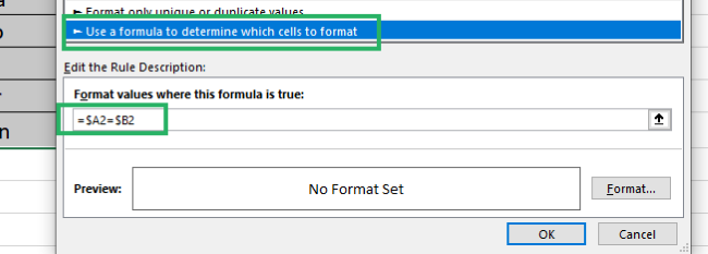 Setting the formatting rules to compare data