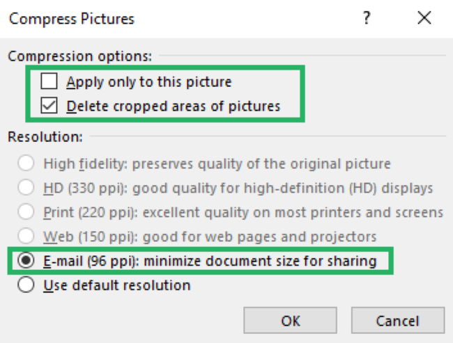 19 compression options Compress Pictures options - delete cropped areas.