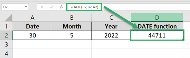 The DATE function finds the serial number