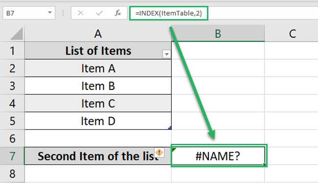 INDEX function returns the #NAME error