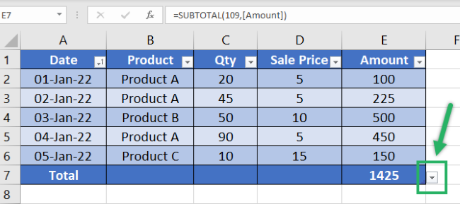 Drop-down menu of structured references