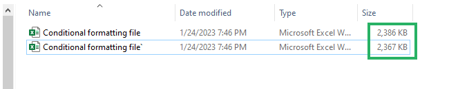 21 file sizes File size reduction after removing conditional formatting.