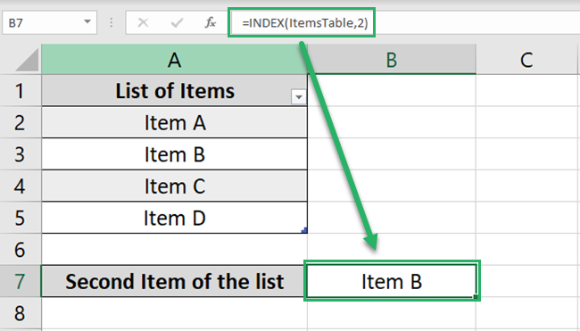 INDEX function extracts the second item