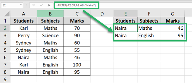 FILTER function returns the results