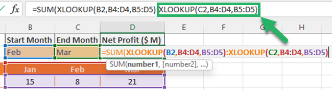 Entering XLOOKUP to get the ending point of the range.