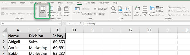 As shown on the example, the Excel sheet layout view is back to normal