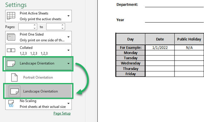 Setting the print orientation to landscape