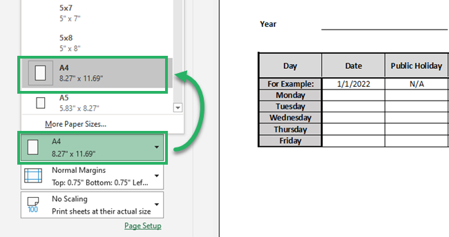 Printing dimensions set to A4