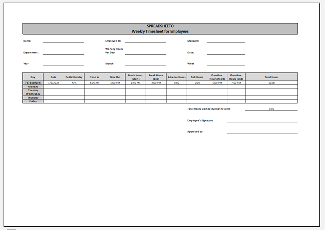 Final Print Preview of excel timesheet template