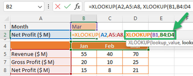 Entering the cell reference for the return column in the outer XLOOKUP formula