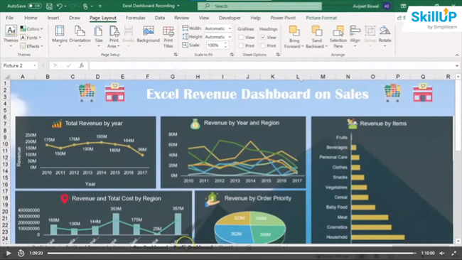 Simplilearn Excel dashboard containing financial modeling and Excel charts 