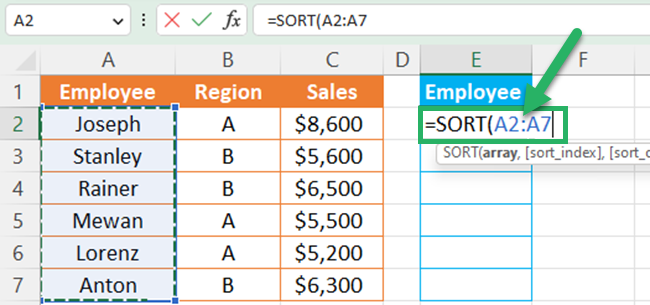 Select the cell range to sort