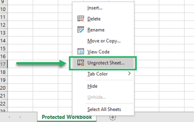 Remove password protection from the Sheet tab