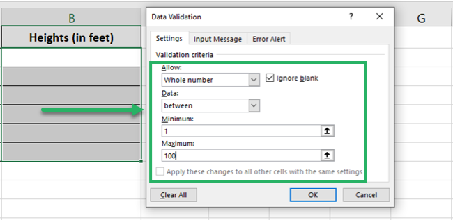 Data validation rules for an Excel cell