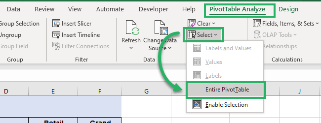 Select the entire pivot table