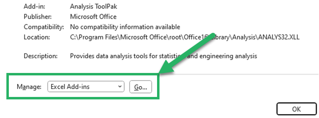 In the manage box, select Excel Add-ins and click Go