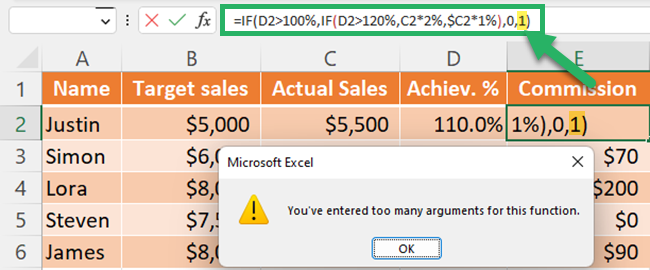 Arguments are not matching with the syntax of the function