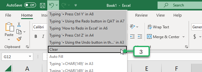 undo actions in the Quick Access Toolbar