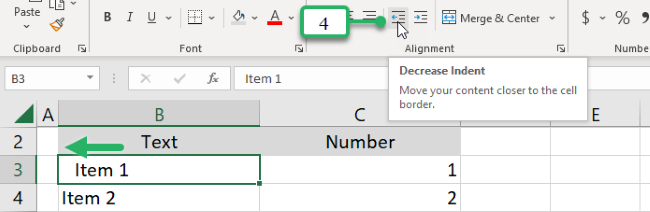 decrease indent