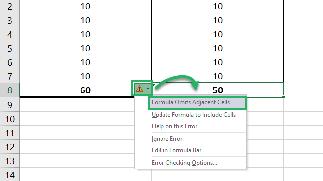  Formula omits adjacent cells error message