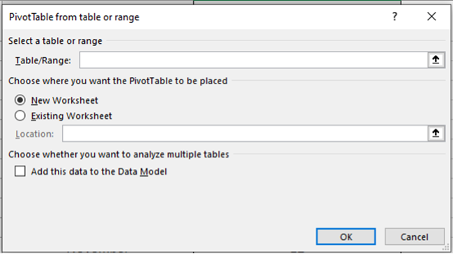 Insert PivotTables dialog box