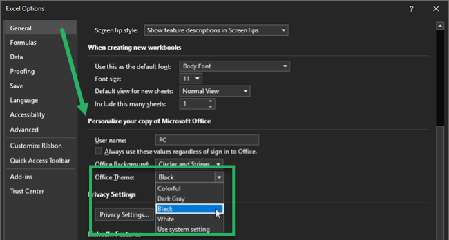 Microsoft Excel options