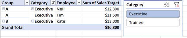 Pivot Table data filtered using a Pivot table slicer