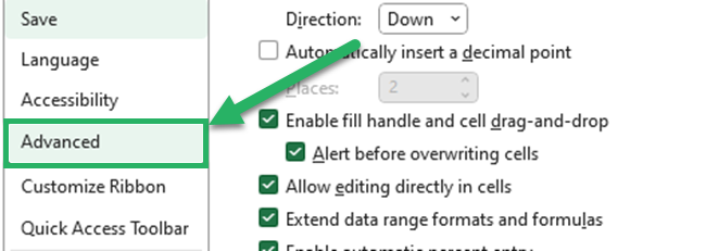 08 advanced tab Go to the Advanced tab in Excel options dialog box