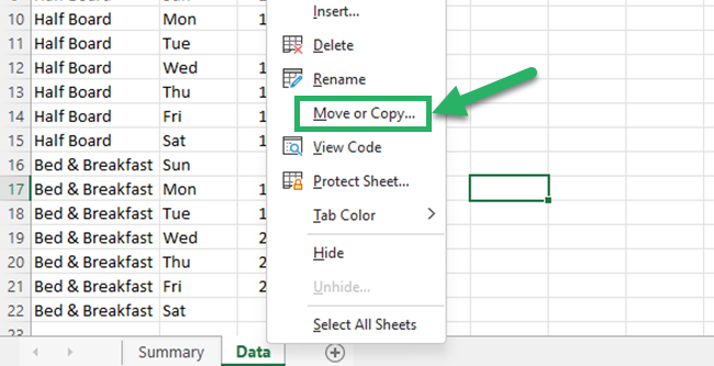 Create a copy of data tables to a new Excel worksheet.